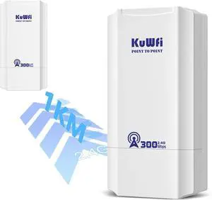 KuWFi 2.4G 300Mbps Network Wireless Ethernet Bridge, Outdoor CPE WiFi Point to Point Wireless Access Point Internet Bridge 1KM Long Range Distance Solution for Extend starlink Router Signal 2-Packs
