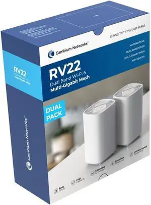 Cambium Networks RV22 Wi-Fi 6 Home MESH Router/Node, 5 GHz 3X3:2, 2.4 GHz 2X2:2 2 Pack (RV22USAB2-US)