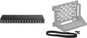 D-Link Ethernet Switch, 16 Port Gigabit Slim Switch Plug and Play, Unmanaged, Metal Housing & On-Q AC1060 Shelf Mounting Bracket, White