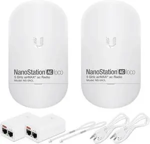 Wireless Bridge Ubiquiti LOCO5AC PRE-CONFIGURED, Bundle of 2 Ubiquiti Nanostation LOCO 5AC, Point to Point Outdoor WiFi Bridge, Plugh and Play, 5GHz, 450+Mbps, 10+km Link Range, Network Bridge