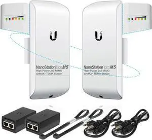Wireless Bridge Ubiquiti LOCOM5 PRE-CONFIGURED, Bundle of 2 Ubiquiti Nanostation LOCO M5, Point to Point Outdoor WiFi Bridge, Plugh and Play, 5GHz, 150+Mbps, 10+km Link Range, Network Bridge.