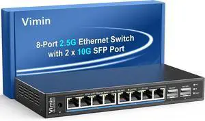 10 Port 2.5G Unmanaged Ethernet Switch, VIMIN 8X 2.5G Switch Base-T Ports, 2X 10G SFP Port, 80Gbps Switching Capacity, IEEE802.3, Metal Housing, Fanless, Work for 2.5Gbps NAS, Wireless AP & PC