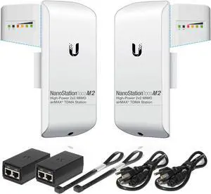 Wireless Bridge Ubiquiti LOCOM2 PRE-CONFIGURED, Bundle of 2 Ubiquiti Nanostation LOCO M2, Point to Point Outdoor WiFi Bridge, Plugh and Play 2.4GHz, 150+Mbps, 10+km Link Range, Network Bridge