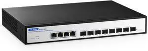 YuLinca 12 Port 10Gbps Managed Switch, 8 x 10G SFP+ Slots with 4 x 10G RJ-45 PortsSupport 10G/5G/2.5G/1000M Auto-NegotiationSmart Web Managed Gaming Switch