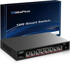 8 Port 10Gb Ethernet Switch Unmanaged, 8X 10Gbe Base-T Ports, GiGaPlus 10G Network Switch for 10Gbps NAS, PC, WiFi7 Router, 10Gbps Adapter/NIC. Desktop/ 19-inch Rack Mount, Plug and Play