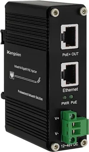 PoE Injector-Hardened Industrial Gigabit PoE+ Injector,12~48V Input PoE+ Adapter, IEEE802.3af/at 30W Output up to 328ft, Din-Rail and Wall-Mount