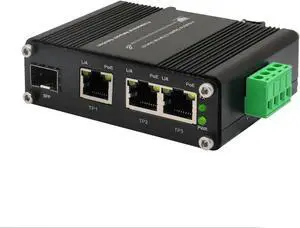 Industrial 3-Port PoE+ Gigabit Fiber Ethernet Switch - Mini Unmanaged Network Switch with 100/1000M Adaptive SFP Slot,12~48VDC Power Input,Din-Rail or Wall Mount,Fast Connection,Plug and Play