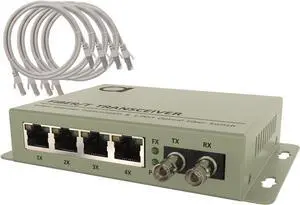 4 Port RJ-45 Gigabit Ethernet to Multimode ST 850nm Fiber Media Converter | Mini Switch - Built-in Fiber Module 550m (0.34 Miles) to UTP Cat5e Cat6 4 x 10 100 1000 RJ-45 AutoSensing Ports