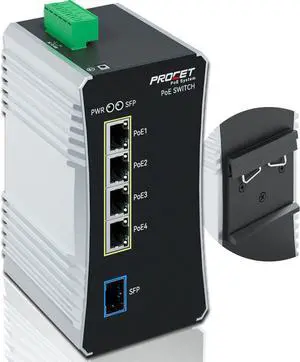 PROCET Gigabit PoE Switch 4-Port Din Rail, 90W/Port, Industrial PoE++ Fiber Media Converter with Wide Temp -40°F to 149°F, SFP Slot, Boost, 12-57V DC Input, IEEE802.3af/802.3at/802.3bt, PT-PIS4PB1S-E