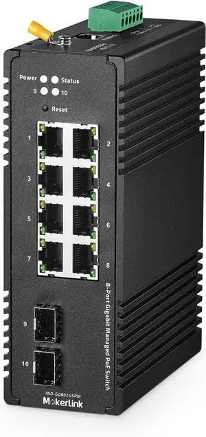 MokerLink 8 Port Gigabit PoE Industrial DIN-Rail Ethernet Switch Managed, 2 SFP Ports, IEEE802.af/at 96W PoE+ Power, Web L2+ Managed IP40 Network Switch (-40 to 185°F), with Power Supply