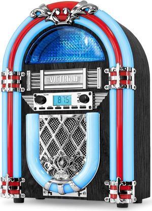 Victrola Nostalgic Wood Countertop Jukebox with Built-in Bluetooth Speaker, 50's Retro Vibe, 5 Bright Color-Changing LED Tubes, FM Radio, Wireless Music Streaming, AM/FM Radio, Aux Input