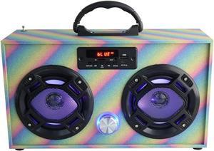 Mini Boombox with LED Speakers \u2013 Retro Bluetooth Speaker w/Enhanced FM Radio - Perfect for Home and Outdoor (Glitter Rainbow)