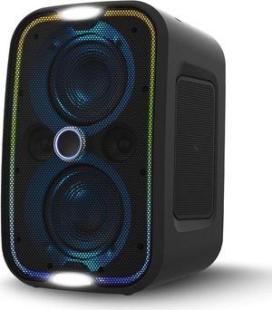 Brookstone Bluetooth Speakers, IPX5 Waterproof Outdoor Speaker, Portable Bluetooth Speaker with LED Light Show, 60 Watt RMS Speaker, Wireless Charging Pad for Smartphone, Connect Multiple Speakers