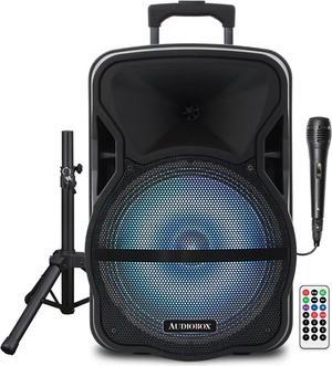 ABX-12S 12" Portable Bluetooth PA Speaker w/Stand & Mic, USB, TF, FM, AUX, 1/4" Mic Jack, Rechargeable Battery, Trolley Handle & Wheels, Perfect for DJ, Parties, & Events