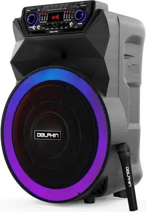 Dolphin BoxParty 18-Inch Rechargeable Bluetooth Party Speaker  Deep Bass, High Power Sound, Wireless Microphones, USB/SD, AUX & Guitar Inputs, Extended Battery Life, 12V Input