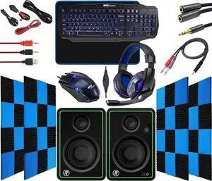 RitzGear Blue Gaming Accessories Kit I 4-in-1 LED Combo with Multimedia Keyboard, Optical Mouse, Mouse Pad & Headset with Adapter with CR3-X Monitors and 24 Pack Acoustic Soundproof Wedge Panels