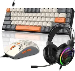 60% RGB Gaming Keyboard and Mouse and Gaming Headset,Wired Mechanical Keyboard,68 Keys TKL Compact Mini Layout,Honeycomb RGB Gaming Mouse,Up to 6400DPI,for PC MAC PS5 Xbox,Grey