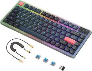 ATTACK SHARK Low Profile Wireless Mechanical Keyboard,75% TKL 81 PBT Keycaps with RGB LED Backlit,BT 5. 0,2.4G,24K Gold Aviator Custom Coiled Cable,TFT Color Screen for PC Mac Phone Tablet-Blue Switch