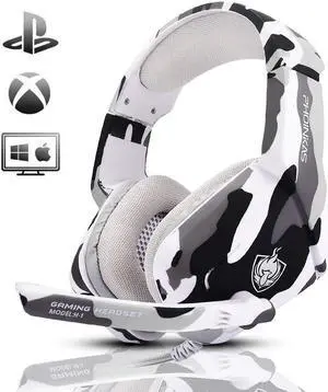 PHOINIKAS Gaming Headset for PS4, Xbox One, PC, Laptop, Mac, Nintendo Switch, 3.5MM PS4 Stereo Headset Over Ear Headphones with Noise-Cancelling Mic, Bass Surround - Camo