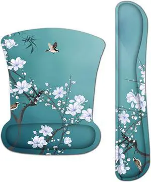 Ergonomic Keyboard Wrist Rest & Mouse Pad Wrist Rest Support Set,Comfortable & Lightweight Memory Foam Computer/Gaming/Office Wrist Set for Easy Typing & Pain Relief by AORTDES(Birds & White Flowers)