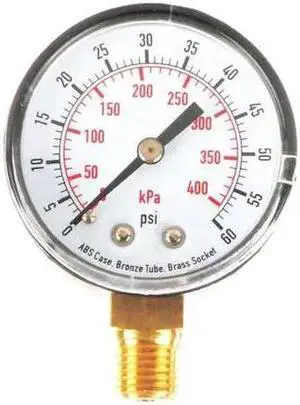 ZORO SELECT 4FLT9 Pressure Gauge, Commercial, 0 to 60 psi, 2 in dial, 1/4 in