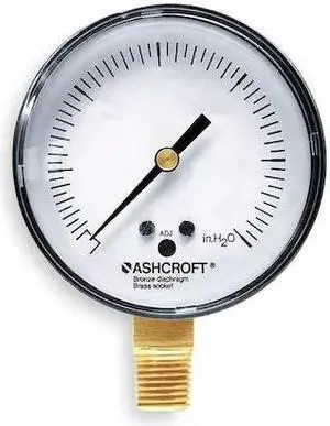 ASHCROFT 25 1490A 02L 20 OZ/H2O Low Pressure Gauge, 0 to 20 psi, 2 1/2 in Dial,