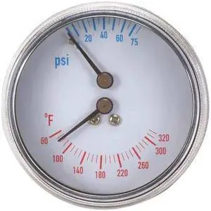 ZORO SELECT 4CFC4 Boiler Gauge, Round, 0-75 PSI, 60 to 260 F, Case Color: Black