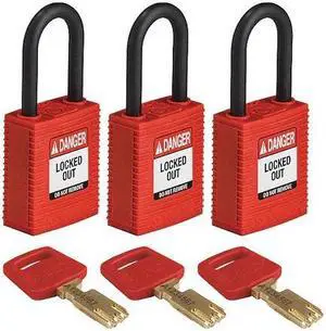 BRADY NYL-RED-38PL-KA3PK Lockout Padlock, Keyed Alike, Nylon, Red, 1 1/2 in