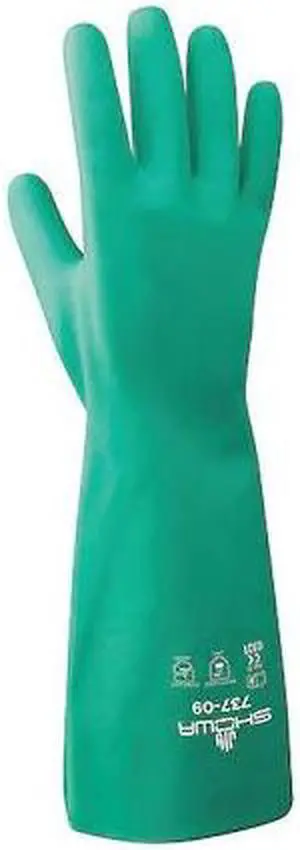 SHOWA 737-07 737 Chemical Resistant Gloves, Nitrile, 15 in L, 22 mil, Green, 7,
