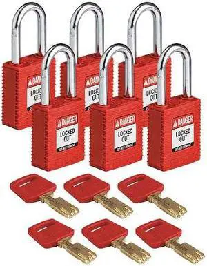BRADY NYL-RED-38ST-KD6PK Lockout Padlock,Nylon,Red,1-13/16" H,PK6
