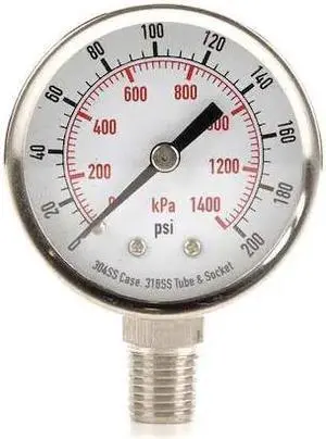 ZORO SELECT 4FMK9 Commercial Pressure Gauge, 0 to 200 psi, 2 in Dial, 1/4 in