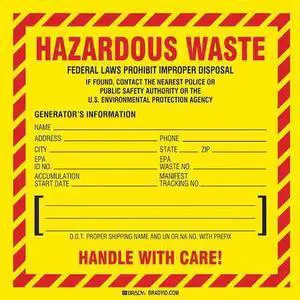 BRADY 121151 Hazardous Waste Label,6 In. W,PK100