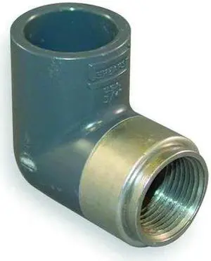 ZORO SELECT 807-101BR PVC, Stainless Steel Elbow, 90 Degrees, Short Sweep, FNPT