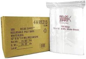 RELOC ZIPPIT 4WR1215 Reclosable Bag, Zip Seal, 15 in L, 12 in W, 4 mil Thick,