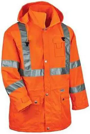 ERGODYNE 8365 Rain Jacket with Hood, Polyester, Class 3 Type R, Orange, XL