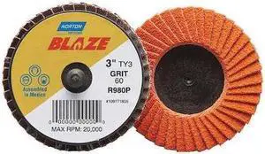NORTON ABRASIVES 77696090152 Flap Disc,Med,Grit 60,TY 3,3in,Blaze