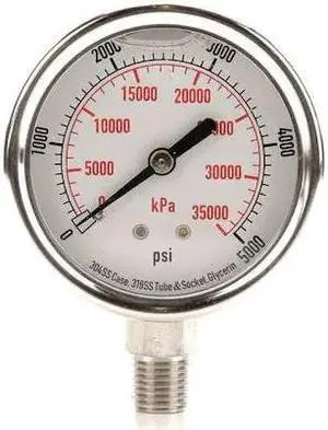 ZORO SELECT 4CFJ4 Commercial Pressure Gauge, 0 to 5,000 psi, 2 1/2 in Dial, 1/4