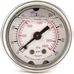 ZORO SELECT 4CFL9 Pressure Gauge, 0 to 400 psi, 1/8 in MNPT, Stainless Steel,