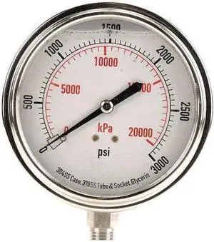 ZORO SELECT 4CFK8 Commercial Pressure Gauge, 0 to 3,000 psi, 3 1/2 in Dial, 1/4