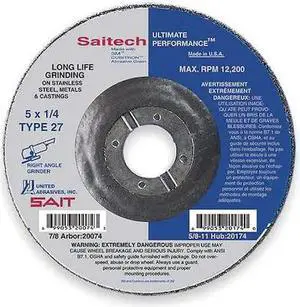 UNITED ABRASIVES-SAIT 20094 Depressed Center Wheels, Type 27, 9 in Dia, 0.25 in