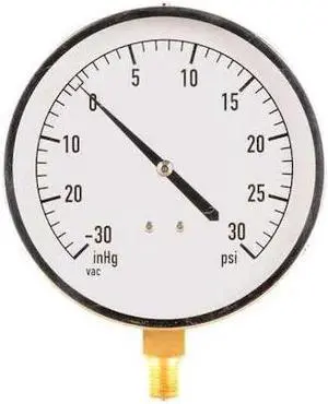 ZORO SELECT 18C741 Industrial Compound Gauge, 30 to 0 to 30 psi, 4 1/2 in Dial,