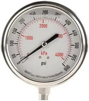 ZORO SELECT 4CFK5 Pressure Gauge,Liquid Filled,3-1/2 In