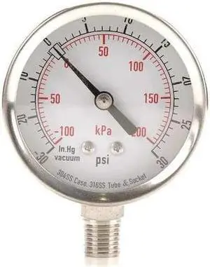ZORO SELECT 4FML9 Commercial Compound Gauge, 30 to 0 to 30 psi, 2 1/2 in Dial,
