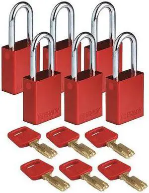 BRADY ALU-RED-38ST-KA6PK Lockout Padlock,Aluminum,Red,Alike,PK6