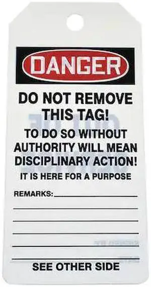 ZORO SELECT 43Z193 Tag, Danger, PVC, 6 1/4 in H x 3 in W, White, Rectangle, 100