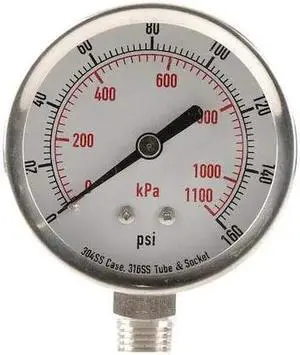 ZORO SELECT 4FMN4 Commercial Pressure Gauge, 0 to 160 psi, 2 1/2 in Dial, 1/4