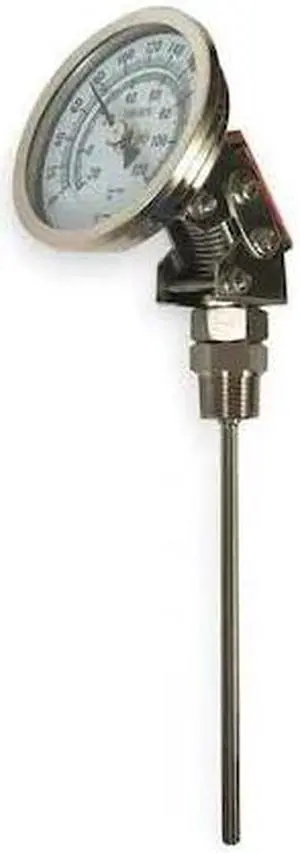 ZORO SELECT 1NGC3 Bimetal Thermom, 5 In Dial, 0 to 250F, Stem Dia.: 1/4 in