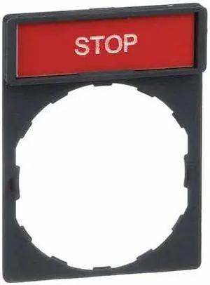 SCHNEIDER ELECTRIC ZBY2304 Legend Plate,Stop,White/Black and Red