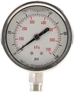 ZORO SELECT 4CFH4 Commercial Pressure Gauge, 0 to 100 psi, 2 1/2 in Dial, 1/4