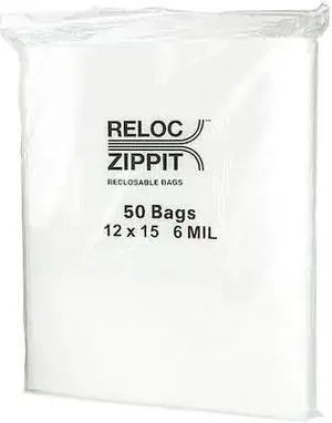 RELOC ZIPPIT 6R1215 Reclosable Bag, Zip Seal, 15 in L, 12 in W, 6 mil Thick,